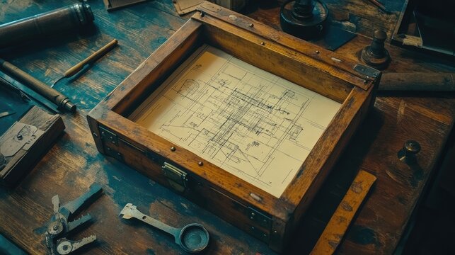 A traditional engineer's desk with a wooden toolbox, blueprints, and old drafting equipment.