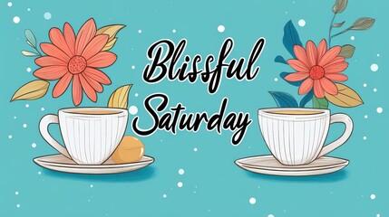 Wall Mural - Two teacups with flowers, text 