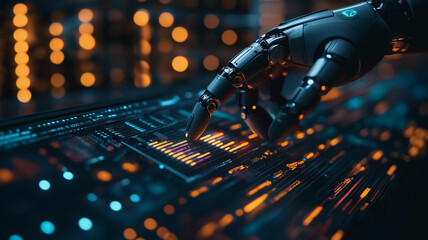 Poster - The Future is Now: A robotic hand, sleek and powerful, interacts with intricate circuitry in a dimly lit futuristic setting.