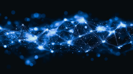 Poster - Abstract Blue Network: Glowing blue nodes and connections form an intricate, dynamic network, suggesting connectivity, technology, or data flow. The image is dark and moody.