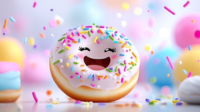 Happy Donut With Rainbow Sprinkles in Whimsical Setting