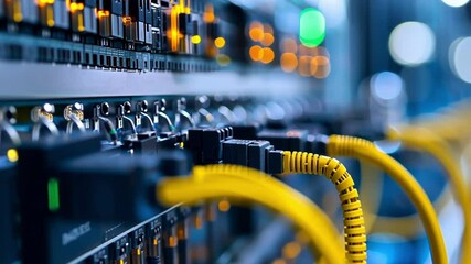 Poster - close up view of network cables with yellow connectors plugged into a server rack in a data center, 