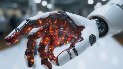 Poster - Robotic Hand Glowing: Close-up of a futuristic robotic hand with internal glowing orange components, showcasing intricate detail and technological advancement.