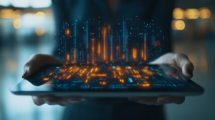 Poster - Data Visualization on Tablet: A person's hands gently cradle a tablet displaying a mesmerizing 3D holographic projection of dynamic data, charts, and graphs, symbolizing innovation.