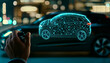 © วิภาวรรณ ตันตาแก้ว - A hand interacts with a holographic car model, showcasing advanced technology against a sleek, urban backdrop at night.
