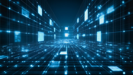 Poster - digital matrix tunnel: journey into a mesmerizing digital tunnel, where glowing blue squares form an