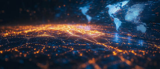 Poster - Global Network at Night: A mesmerizing aerial view of a city at night, illuminated by countless lights, overlaid with a translucent world map.