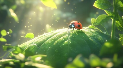 Wall Mural - Ladybug on dewy leaf, vibrant sunrise, lush foliage.