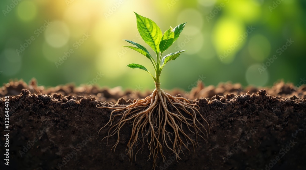 Close-up of healthy, well-nourished plant roots growing in rich soil ...