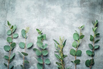 Poster - Fresh Eucalyptus Leaves Arranged on Textured Gray Background