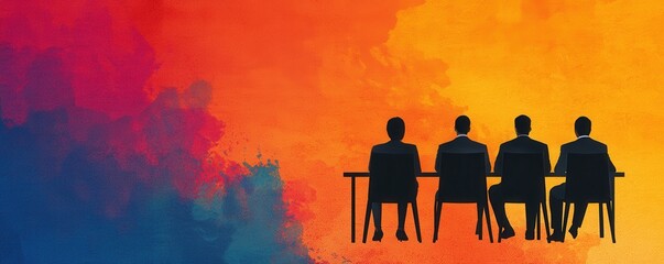 Poster - clean energy solar management, concept Silhouettes of four people seated at a table against a colorful gradient background.