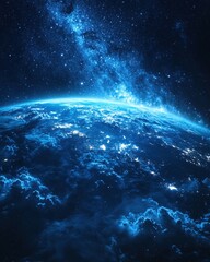 Wall Mural - blue planet view from space with stars and clouds in a dark night sky universe scene