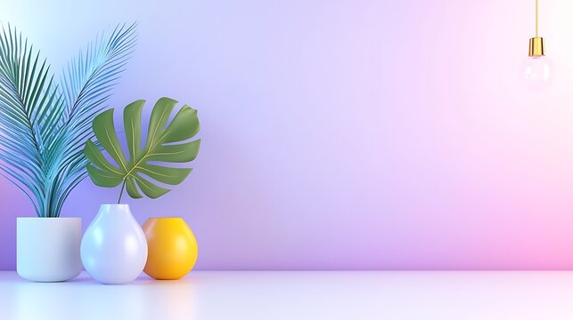Pastel Minimalist Room Decor with Tropical Plants and Hanging Light