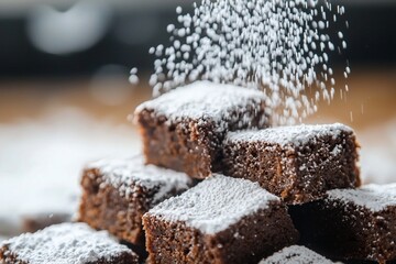 Delicious chocolate brownies dusted with powdered sugar, beautifully arranged on a wooden table