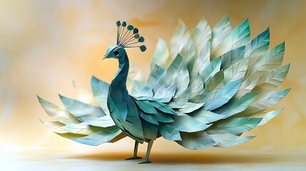 Canvas Print - A Teal Paper Origami Peacock Displays Its Feathers