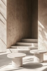 Wall Mural - Minimalist interior with stone tables and stairs, sunlit corner.