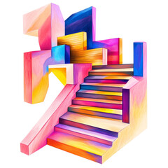 Poster - A vibrant digital painting depicts a stylized staircase composed of colorful geometric shapes and blocks.