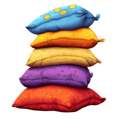 Poster - A digitally illustrated stack of five colorful patterned throw pillows in various shades of orange, red, purple, yellow and blue.