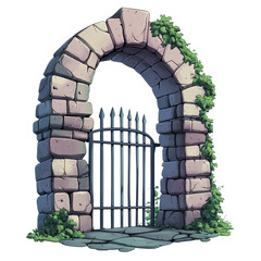 Poster - A digital illustration depicting an arched stone gateway with an iron gate, partially covered in vines.
