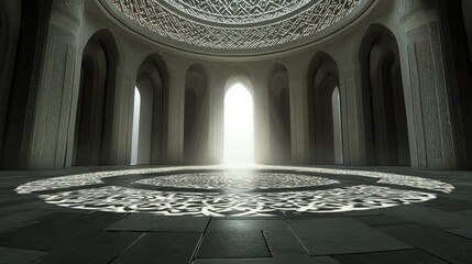Poster - A futuristic metallic circle with intricate patterns, glowing faintly in a sci-fi setting.