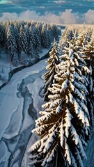 Poster - A picturesque winter wonderland scene of a frozen river meandering through a snow-covered forest under a clear blue sky.