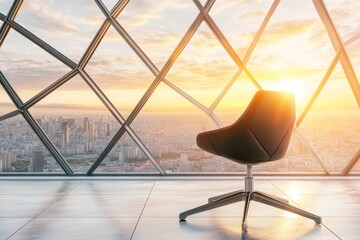 Poster - Modern Office Chair Against a Panoramic Sunset City View