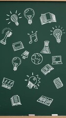 Aufkleber - Doodle-style education icons scattered across a chalkboard-like background, symbolizing various learning topics