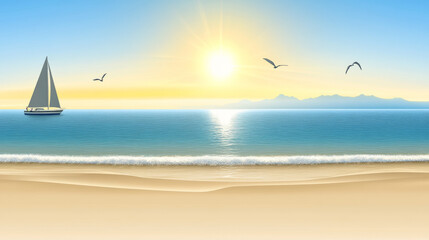 Wall Mural - Sailboat on tranquil beach with sunrise and seagulls flying