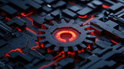 Poster - clean energy wind solutions concept. Futuristic gear design with glowing red accents on a dark, textured background.