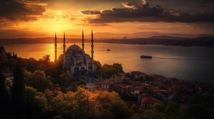 Canvas Print - Majestic mosque at sunset over Istanbul's skyline, dramatic sky with golden light reflecting on water.