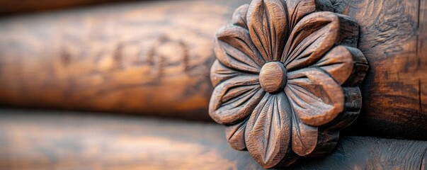 Poster - clean energy wind solutions concept. Ornate wooden flower carving on rustic log wall, showcasing craftsmanship and detail.