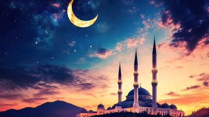 Canvas Print - Majestic mosque at twilight under a crescent moon, illuminated by a beautiful sunset.