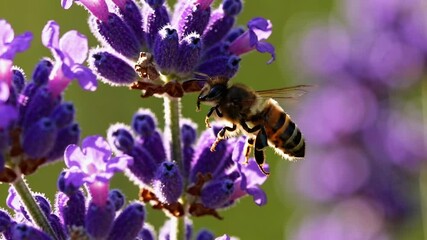 Poster - A macro shot of a honeybee mid-flight near lavender blooms, capturing delicate wing movement and vibrant floral hues.