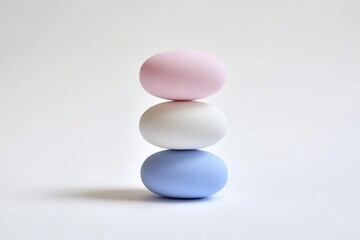Poster - Pastel Colored Eggs Stacked on White Background for Celebrations