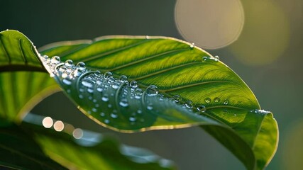 Fototapete - A close-up of raindrops on a large tropical leaf, each droplet refracting sunlight to create tiny rainbows.