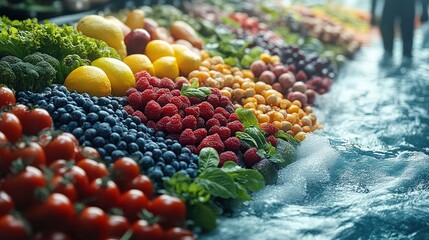 Wall Mural - Vibrant display of fresh fruits and vegetables at a bustling market with shoppers in the background