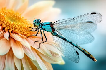 A highly detailed macro photograph of a dragonfly resting on a vibrant summer flower, showcasing intricate textures, high contrast, and vivid colors.  .