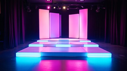 Poster - A stage glowing with futuristic neon light squares, forming an infinite tunnel of pink and blue, mirrored on a smooth floor