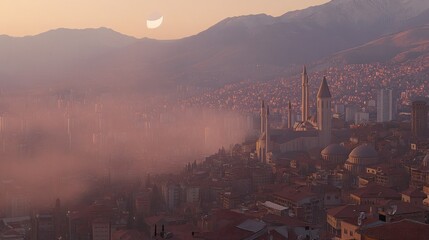 Canvas Print - Misty cityscape at dawn, with ancient architecture nestled amidst modern structures, nestled in a valley with snow-capped mountains in the distance..