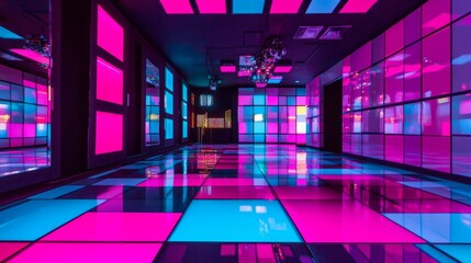 Poster - An infinite neon corridor of pink and blue squares, casting vibrant reflections on a glossy stage floor, creating a mesmerizing effect.