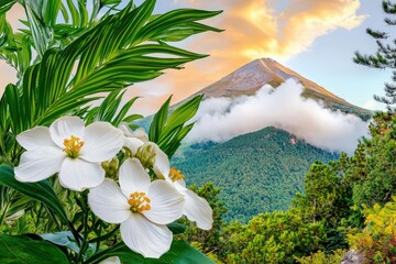 Wall Mural - A breathtaking view from a mountain summit at sunset, representing success, perseverance, and the fulfillment of goals through determination and effort.  .