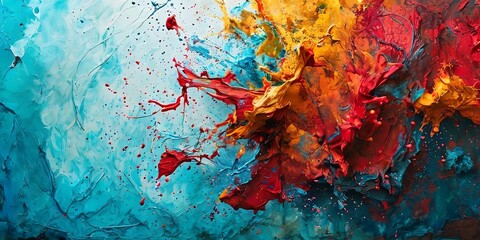 Aufkleber - A painting with a blue background and red, yellow, and orange splatters
