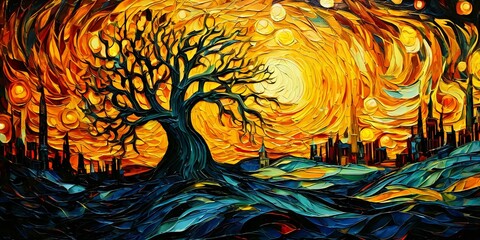 Poster - A painting of a tree with a city in the background