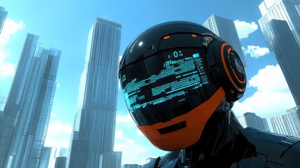 Futuristic robot head with digital display in city.