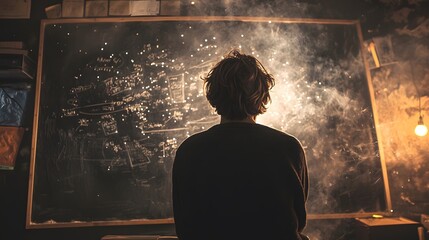 Poster - Wide-angle view of a teenager sketching story ideas on a chalkboard wall, with scattered chalk and dust particles catching the light