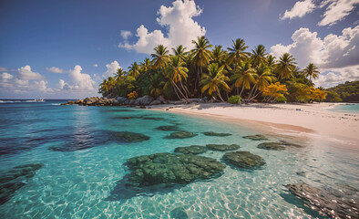 Fototapete - A beautiful beach with palm trees and a clear blue ocean. The water is calm and the sky is clear