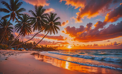 Fototapete - A beautiful sunset over the ocean with palm trees in the background. The sky is filled with clouds, creating a serene and peaceful atmosphere