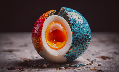 Aufkleber - A colorful egg with a hole in the middle. The egg is blue and red. The egg is half eaten