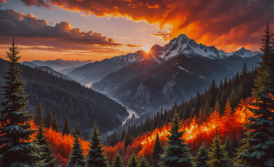 Poster - A beautiful mountain landscape with a river running through it. The sun is setting, casting a warm orange glow over the scene. The mountains are covered in trees, and the sky is filled with clouds