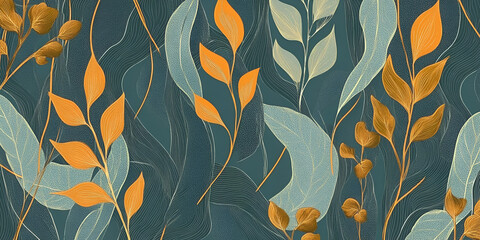 Sticker - Golden Foliage on Teal: A captivating digital art piece featuring a vibrant pattern of abstract golden leaves and stems on a calming teal backdrop. It evokes a sense of tranquility and natural beauty.